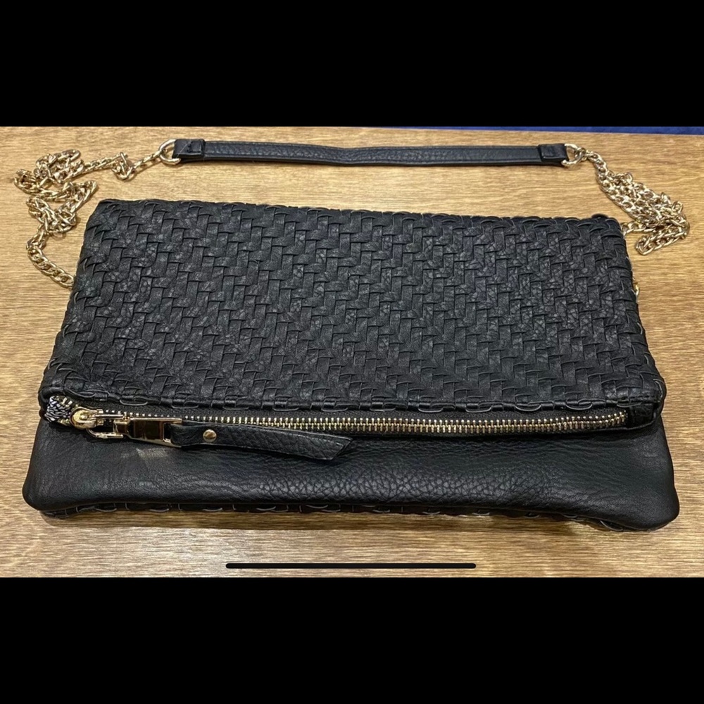 Madison West Crossbody Clutch Bag Purse Black Woven Pattern